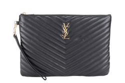 YVES SAINT LAURENT (YSL) CASSANDRA CLUTCH BLACK CHEVRON WITH STRAPS AND DUST COVER