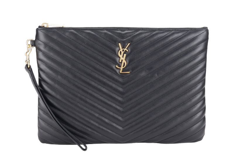 YVES SAINT LAURENT (YSL) CASSANDRA CLUTCH BLACK CHEVRON WITH STRAPS AND DUST COVER