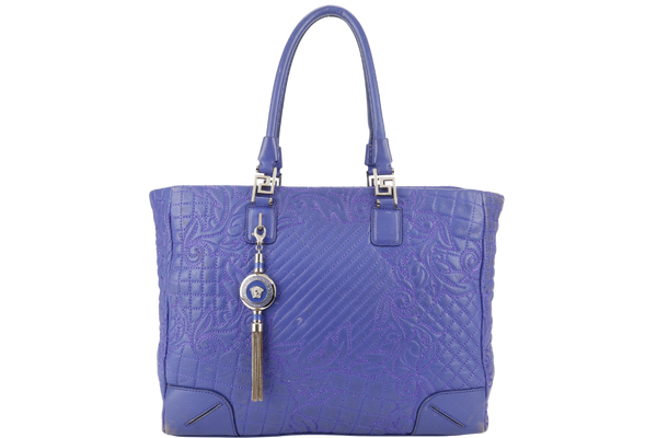 VERSACE PURPLE QUILTED LEATHER ELETTRA VANITAS TOTE GOLD HARDWARE WITH DUST COVER