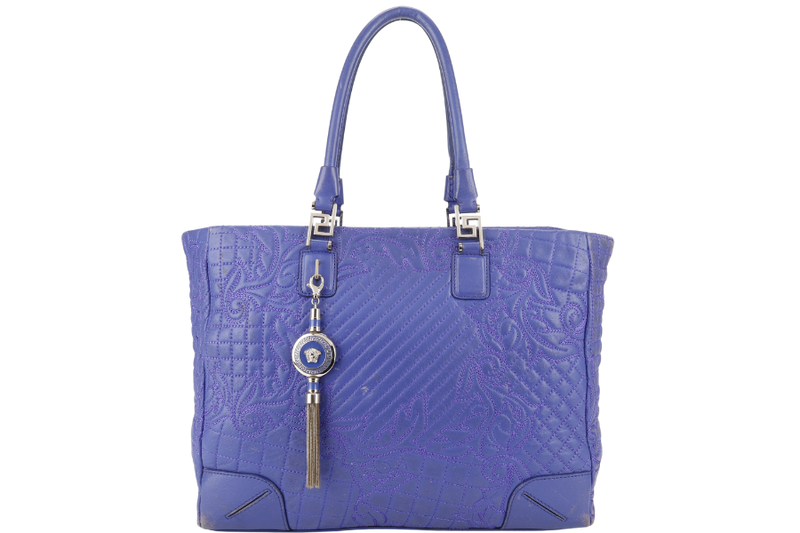 VERSACE PURPLE QUILTED LEATHER ELETTRA VANITAS TOTE GOLD HARDWARE WITH DUST COVER