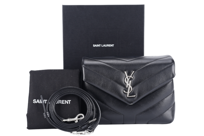 YVES SAINT LAURENT (YSL) LOULOU TOY BLACK LEATHER SHOULDER BAG SILVER HARDWARE WITH LEATHER STRAPS, DUST COVER AND BOX