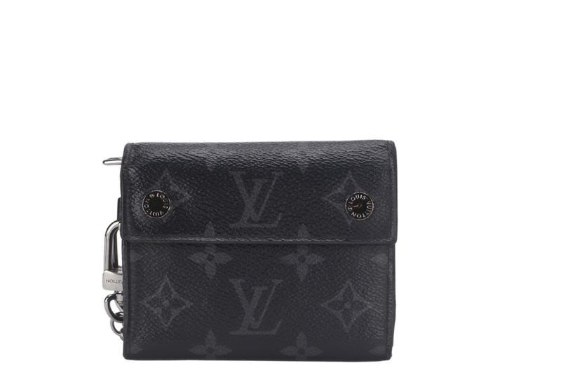 LOUIS VUITTON RIVET CHAIN COMPACT WALLET MONOGRAM ECLIPSE SILVER HARDWARE WITH DUST COVER AND BOX