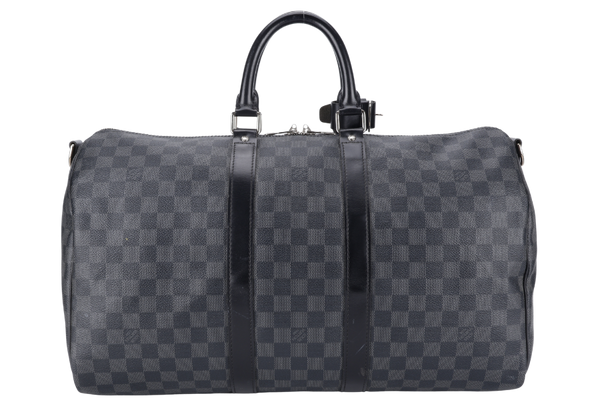 LOUIS VUITTON N41418 KEEPALL BANDOULIERE 45 DAMIER GRAPHITE CANVAS SILVER HARDWARE WITH STRAPS NO DUST COVER