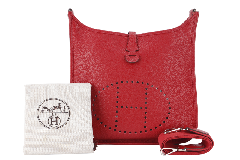 HERMES EVELYNE PM STAMP P RED CLEMENCE LEATHER SILVER HARDWARE WITH STRAP AND DUST COVER