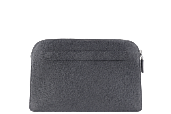 PRADA CORNER LOGO BLACK SAFFIANO LEATHER CLUTCH BAG SILVER HARDWARE NO DUST COVER