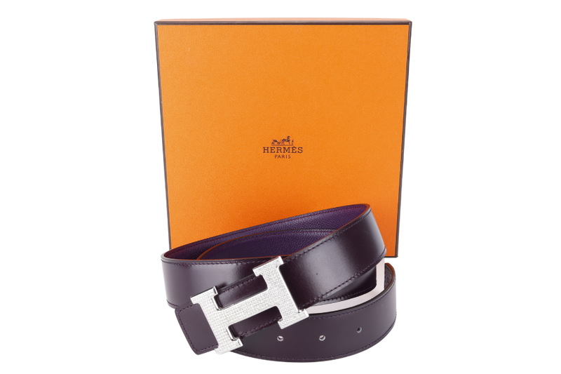 HERMES H BELT DIAMOND STUDDED SILVER HARDWARE BUCKLE WITH 90-95CM REVERSIBLE BELT WITH BOX