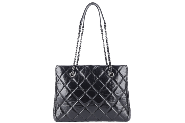 CHANEL CC SHOPPING TOTE (2043xxxx) BLACK GLAZED CALFSKIN SILVER HARDWARE WITH DUST COVER AND CARD