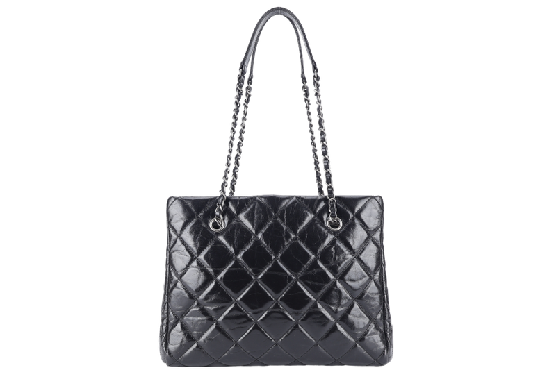 CHANEL CC SHOPPING TOTE (2043xxxx) BLACK GLAZED CALFSKIN SILVER HARDWARE WITH DUST COVER AND CARD