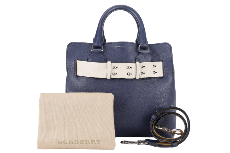 BURBERRY BELT BAG SATCHEL LARGE NAVY BLUE CALF LEATHER SILVER HARDWARE WITH STRAPS AND DUST COVER