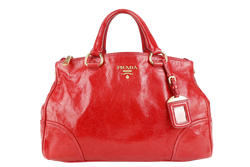 PRADA BR2324 VITELLO SHINE RED MEDIUM SATCHEL LEATHER 2WAYS BAG GOLD HARDWARE WITH CARD AND STRAPS