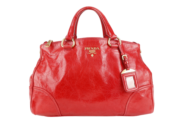PRADA BR2324 VITELLO SHINE RED MEDIUM SATCHEL LEATHER 2WAYS BAG GOLD HARDWARE WITH CARD AND STRAPS