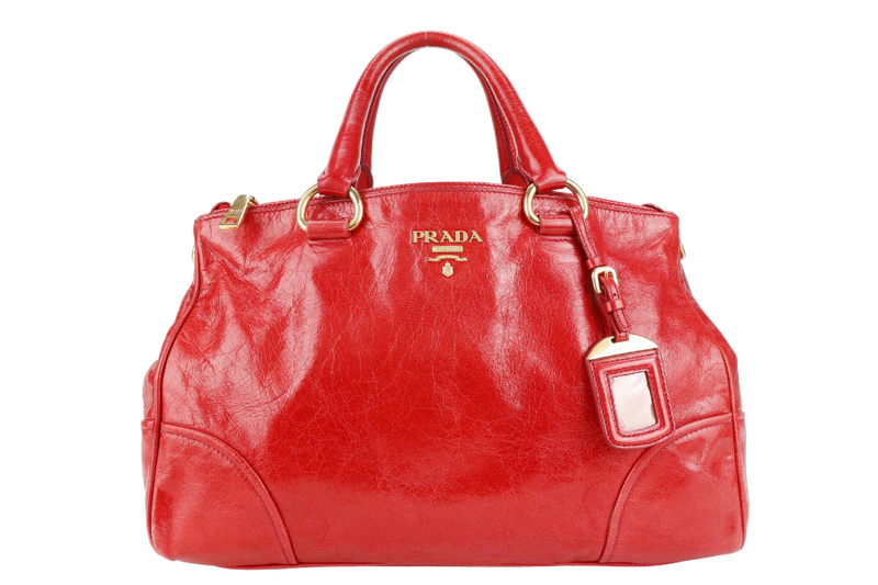 PRADA BR2324 VITELLO SHINE RED MEDIUM SATCHEL LEATHER 2WAYS BAG GOLD HARDWARE WITH CARD AND STRAPS