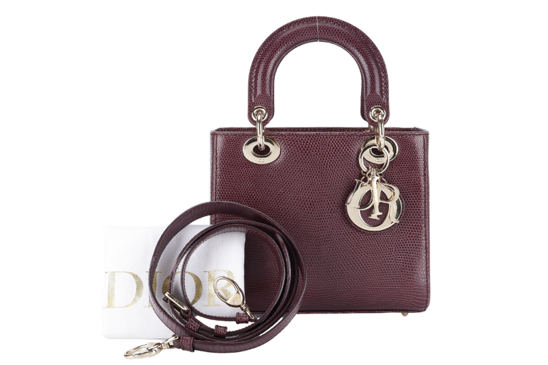 CHRISTIAN DIOR LADY DIOR MINI BURGUNDY LIZARD SKIN GOLD HARDWARE WITH STRAPS, CITIES REPORT AND DUST COVER