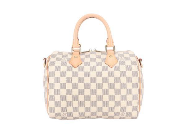 LOUIS VUITTON SPEEDY BANDOULIERE 25 DAMIER AZUR MONOGRAM COATED CANVAS GOLD HARDWARE WITH DUST COVER