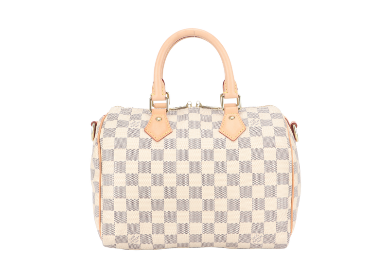 LOUIS VUITTON SPEEDY BANDOULIERE 25 DAMIER AZUR MONOGRAM COATED CANVAS GOLD HARDWARE WITH DUST COVER
