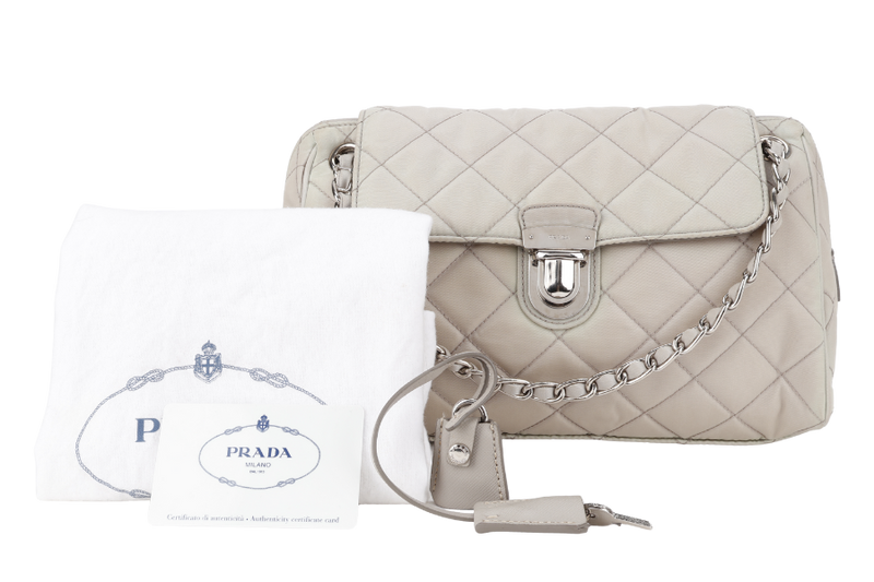 PRADA BR4965 TESSUTO IMPUNTU CHAIN BAG BEIGE NYLON SILVER HARDWARE WITH CARD AND DUST COVER