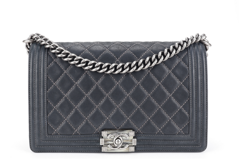 CHANEL LE BOY (2111xxxx) NEW MEDIUM BLACK LAMBSKIN RUTHENIUM HARDWARE WITH CARD AND DUST COVER