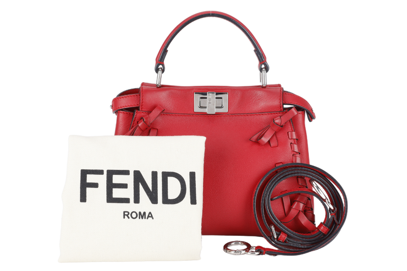 FENDI PEEKABOO MINI RED WHIPSTITCH CALF LEATHER SILVER HARDWARE WITH STRAPS AND DUST COVER