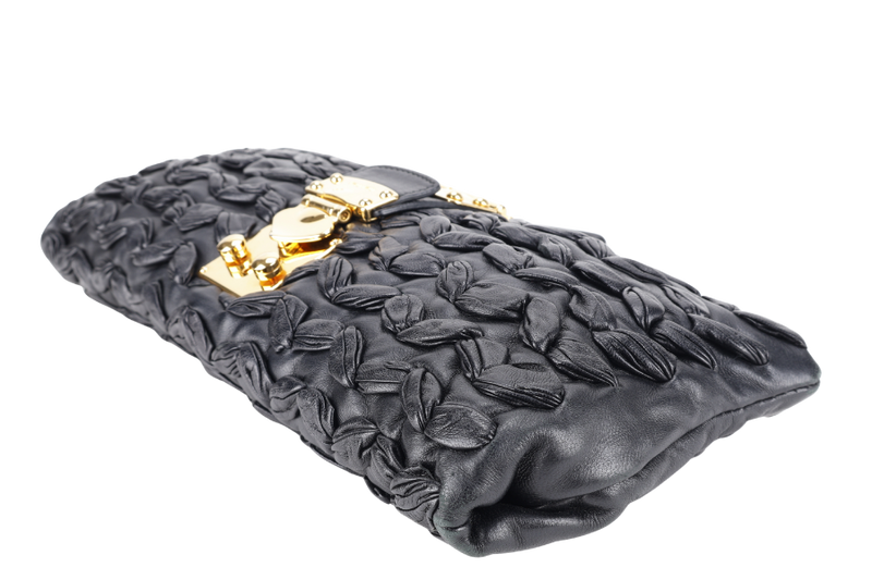 MIU MIU BLACK CLUTCH PLISSE LEATHER GOLD HARDWARE WITH DUST COVER