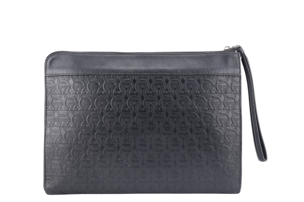 SALVATORE FERRAGAMO PATTERN CLUTCH BAG LARGE BLACK SILVER HARDWARE NO DUST COVER