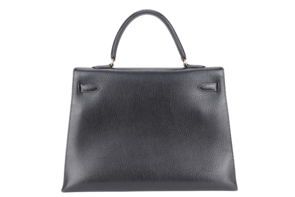 HERMES KELLY SELLIER 35 STAMP T CIRCLE (YEAR 1990) NOIR ARDENNES LEATHER GOLD HARDWARE WITH STRAPS, PADLOCK&KEYS AND DUST COVER