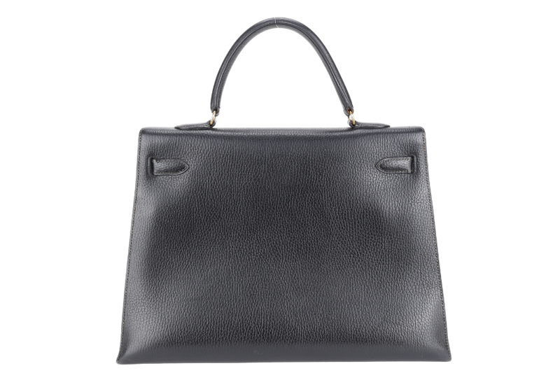 HERMES KELLY SELLIER 35 STAMP T CIRCLE (YEAR 1990) NOIR ARDENNES LEATHER GOLD HARDWARE WITH STRAPS, PADLOCK&KEYS AND DUST COVER