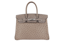 HERMES BIRKIN 30 STAMP C (YEAR 1999) OSTRICH GRIS TOURTERELLE SILVER HARDWARE WITH KEYS AND LOCK AND DUST COVER