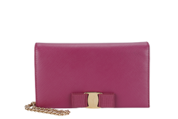 SALVATORE FERRAGAMO MISS VARA BOW CROSSBODY WALLET ON CHAIN (KM22B850) DARK PINK LEATHER GOLD HARDWARE WITH BOX