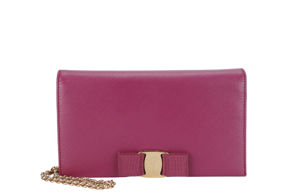 SALVATORE FERRAGAMO MISS VARA BOW CROSSBODY WALLET ON CHAIN (KM22B850) DARK PINK LEATHER GOLD HARDWARE WITH BOX