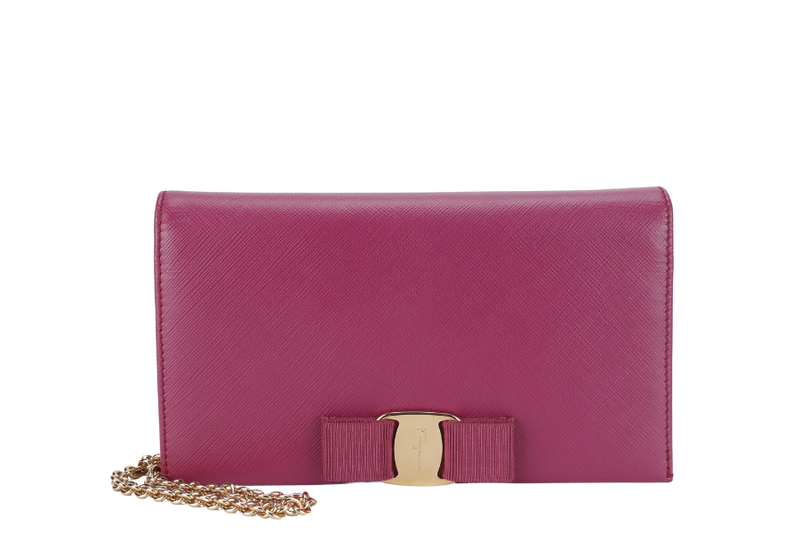 SALVATORE FERRAGAMO MISS VARA BOW CROSSBODY WALLET ON CHAIN (KM22B850) DARK PINK LEATHER GOLD HARDWARE WITH BOX