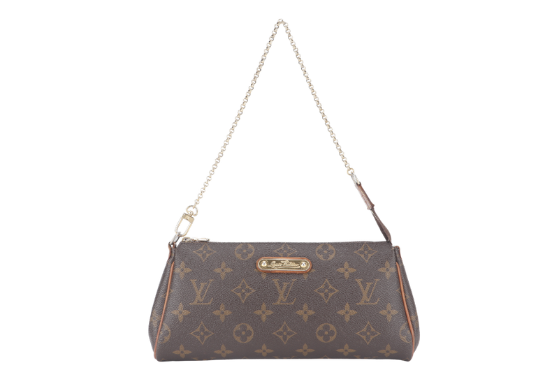 LOUIS VUITTON M95567 EVA CLUTCH MONOGRAM CANVAS GOLD HARDWARE WITH LEATHER, CHAIN STRAPS AND DUST COVER