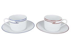 HERMES RHYTHM RED X BLUE PORCELAINE CUP AND SAUCER IN SET OF TWO PIECES WITH BOX