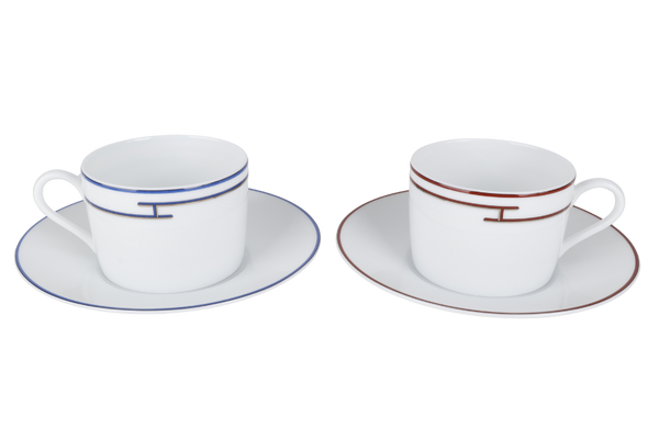 HERMES RHYTHM RED X BLUE PORCELAINE CUP AND SAUCER IN SET OF TWO PIECES WITH BOX