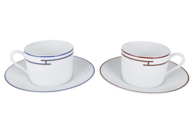 HERMES RHYTHM RED X BLUE PORCELAINE CUP AND SAUCER IN SET OF TWO PIECES WITH BOX