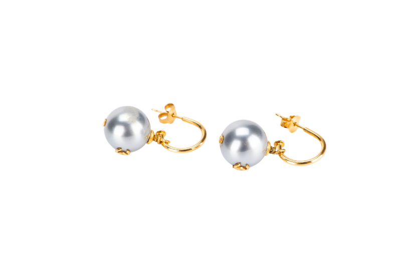 CHANEL GREY FAUX PEARL WITH GOLD J SHAPED EARRINGS, NO BOX