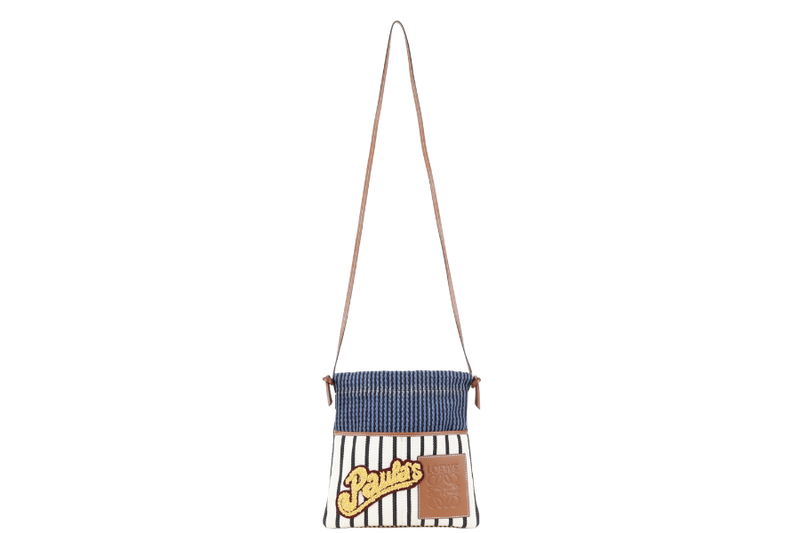 LOEWE PAULA'S IBIZA STRIPE PATCH DRAWSTRING BAG BROWN LEATHER TRIM WITH DUST COVER