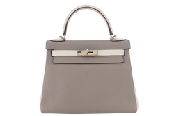 HERMES KELLY 28 HSS STAMP C (YEAR 2018) RETOURNE GRIS ASPHALTE TRENCH TOGO LIGHT GOLD HARDWARE WITH STRAPS AND DUST COVER NO KEYS & LOCK