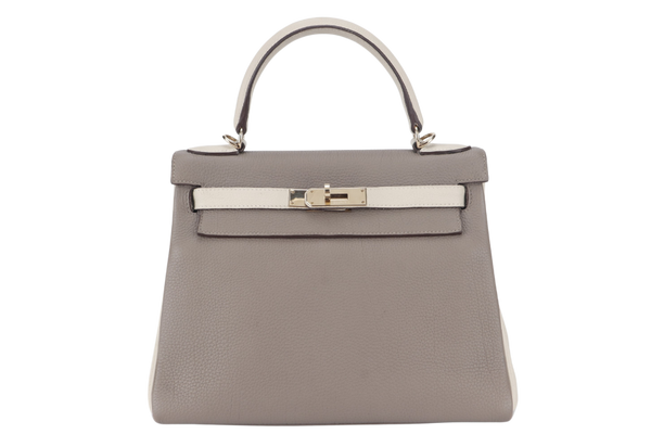 HERMES KELLY 28 HSS STAMP C (YEAR 2018) RETOURNE GRIS ASPHALTE TRENCH TOGO LIGHT GOLD HARDWARE WITH STRAPS AND DUST COVER NO KEYS & LOCK