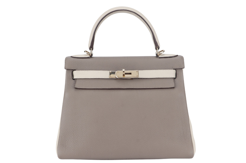 HERMES KELLY 28 HSS STAMP C (YEAR 2018) RETOURNE GRIS ASPHALTE TRENCH TOGO LIGHT GOLD HARDWARE WITH STRAPS AND DUST COVER NO KEYS & LOCK