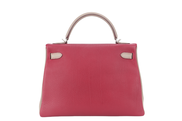 HERMES KELLY 32 HSS VERSO TOSCA AND GRIS T COLOR TOGO LEATHER BRUSHED SILVER HARDWARE STAMP O (YEAR 2011) WITH LOCK, KEYS AND STRAP, NO DUST COVER