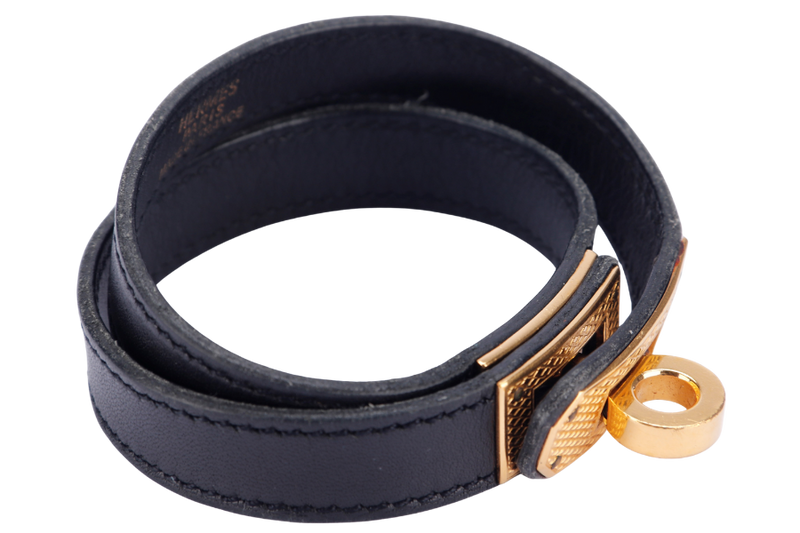 Hermes Kelly Double Tour Bracelet in Gold Guilloche Hardware, Black Leather, no Dust Cover & Box