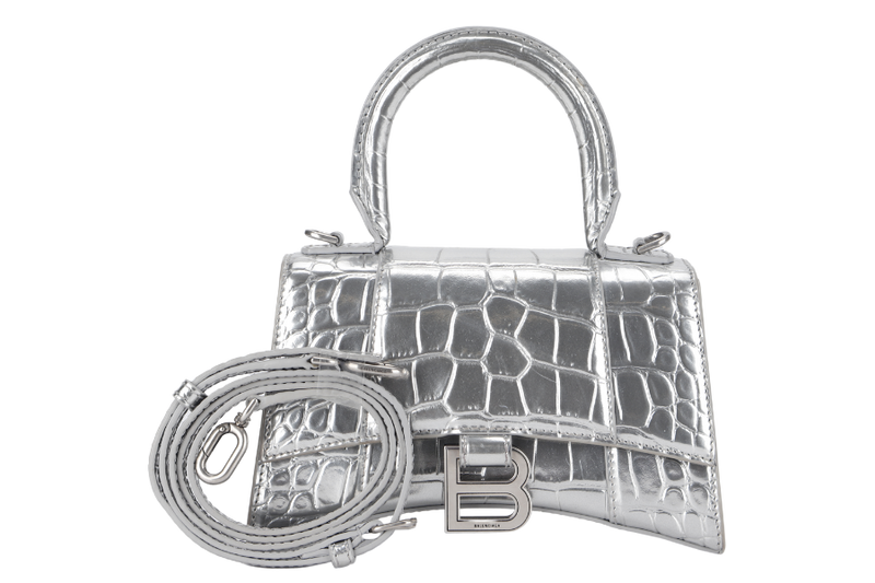 BALENCIAGA HOURGLASS xs HANDBAG IN SILVER METALIC CROC-EFFECT LEATHER SILVER HARDWARE NO DUST COVER