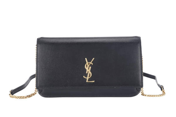 YVES SAINT LAURENT (YSL) CASSANDRA PHONE HOLDER (TGN33509.0322) BLACK LEATHER GOLD HARDWARE WITH DUST COVER AND BOX