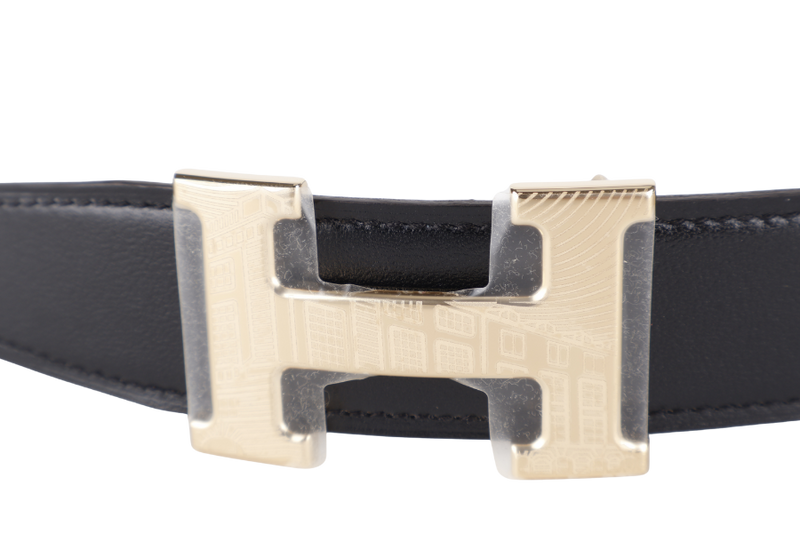 HERMES GOLD BLACK COLOR BELT FAUBOURG LAITON PERMABRASS GOLD HARDWARE WITH DUST COVER AND BOX