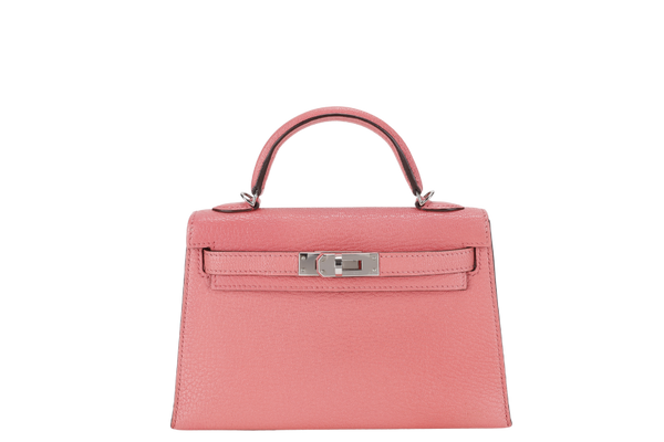 HERMES MINI KELLY ROSE D'ETE, CHEVRE SILVER HARDWARE STAMP D (YEAR 2019) WITH STRAPS AND DUST COVER