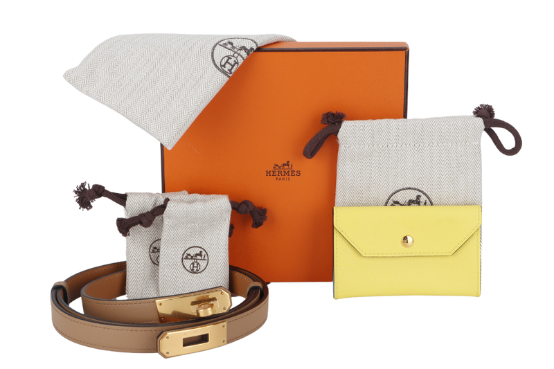 HERMES KELLY 18 POCKET CITRON CELESTE CRIQUET POUCH CHAI COLOR BELT GOLD HARDWARE WITH DUST COVER AND BOX