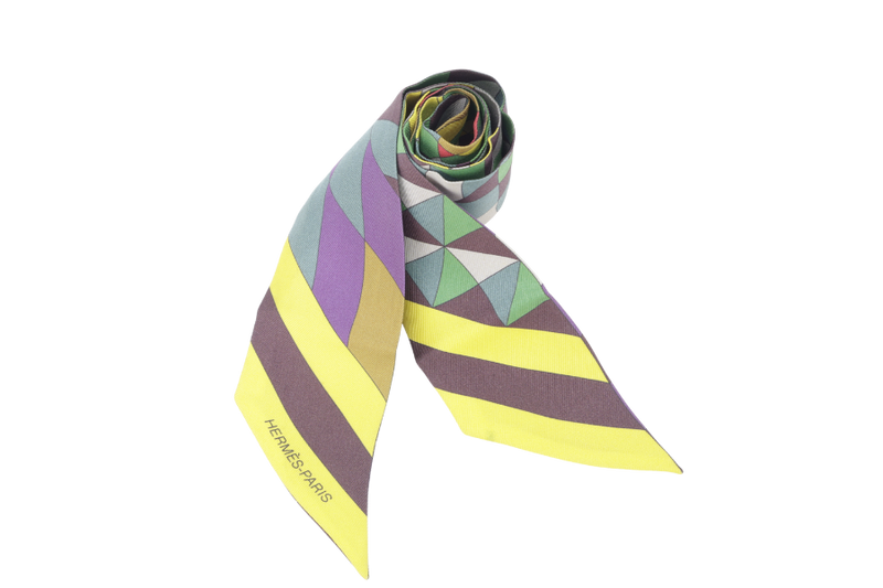 Hermes Silk Twilly Yellow, Purple, Brown & Green Stripe