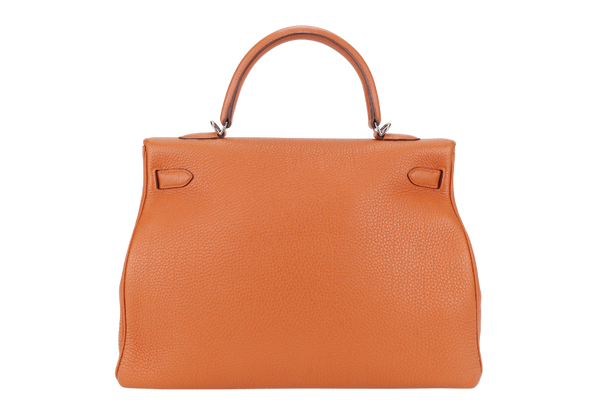 HERMES KELLY 35 ORANGE COLOR TOGO LEATHER SILVER HARDWARE STAMP P SQUARE (YEAR 2012) WITH STRAPS, DUST COVER, LOCK&KEYS AND RAINCOAT