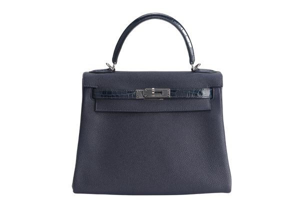 HERMES KELLY 28 STAMP Y (YEAR 2021) TOUCH NILOTICUS TOGO BLUE NUIT, BLUE BALTIQUE SILVER HARDWARE WITH KEYS&LOCK AND DUST COVER