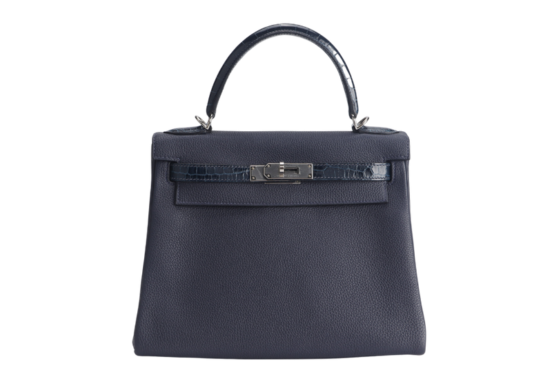 HERMES KELLY 28 STAMP Y (YEAR 2021) TOUCH NILOTICUS TOGO BLUE NUIT, BLUE BALTIQUE SILVER HARDWARE WITH KEYS&LOCK AND DUST COVER